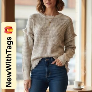 ​🌟 NWT DKNY Textured Fringe Sweater - Size M - Chic Tweed Look, Gold Shimmer!